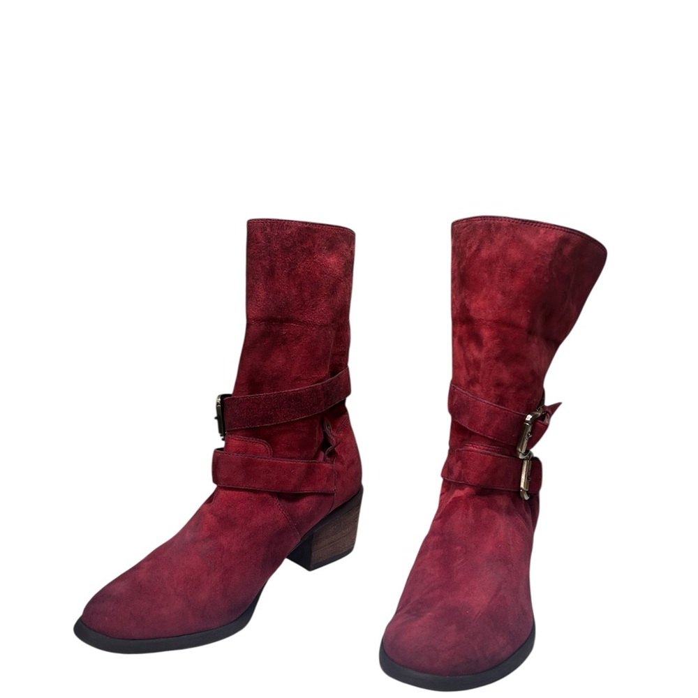 Donald J Pliner Danee Red Suede Moto Boots Italy Double Buckle Mid Calf 8.5